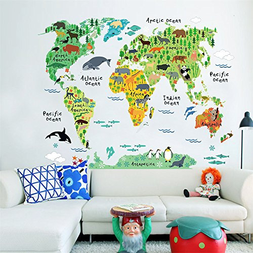 ufengke Cartoon Weltkarte Nett Land- und Wassertiere Wandsticker,Kinderzimmer Babyzimmer Entfernbare Wandtattoos Wandbilder