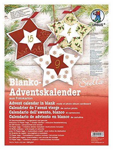 Ursus 17800004 - Adventskalender, Stella blanko, 300 g/qm, aus Fotokarton, hochweiß, vorgestanzt und genutet, 24 Geschenkboxen, 72 Paper Tags, Kreativ Sticker in gold, inklusive Bastelanleitung