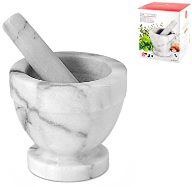 Home Mortaio Marmo con Pestello Cm12 Utensile Cucina, Bianco/Grigio, 12 cm
