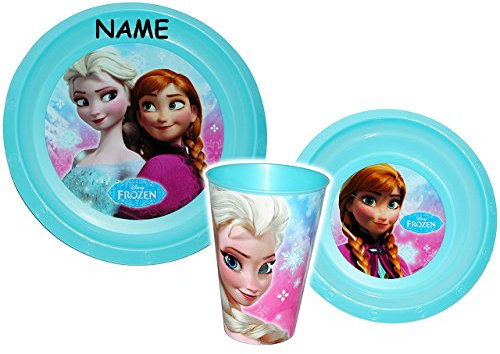 alles-meine.de GmbH 3 TLG. Geschirrset - die Eiskönigin - Frozen - incl. Name - Kunststoff - Trinktasse + Teller + Müslischale - Kindergeschirr - Campinggeschirr Frühstücksse..