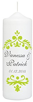 Hochzeitskerze mit Namen und Datum in Weiß, Vintage Dekor in Grün - personalisiert, finaler Wachs-Überzug für ebenmäßige Oberfläche