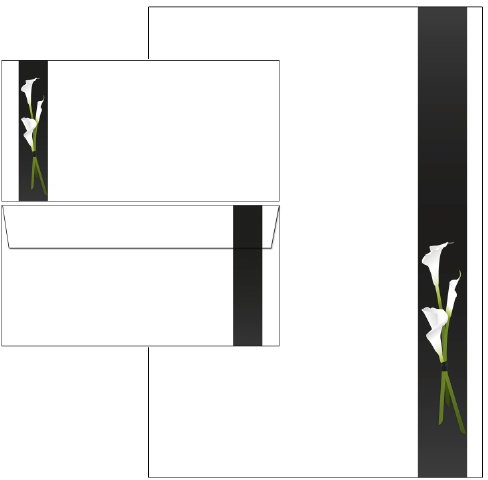 Trauer - weiße Calla Set - Briefpapier + Briefumschläge DIN lang ohne Fenster (25 Blatt Briefpapier + 25 Kuverts)