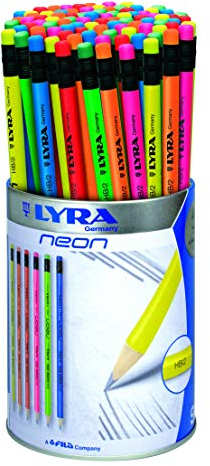LYRA 1293960 - Neon HB Bleistift, mit Gummitip, Metallrunddose 96 Bleistifte