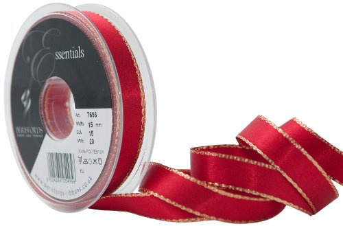 Berisfords 7696-RD-15 15 mm Gold Edge Satin Ribbon, Red