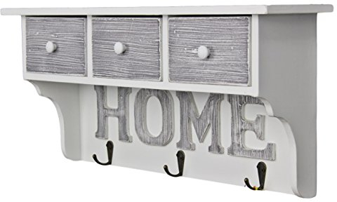 elbmöbel Kleiderhaken Wandgarderobe Hängeschrank Küche mit Schublade Holz schmal mit Metall-Haken im Antik shabby chic in grau weiß Landhausstil Garderobe (Weiß, H22 x B47 x T11cm)