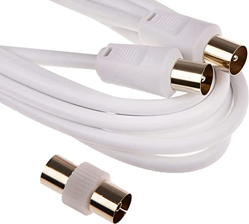 1.8m TV Aerial Cable Coax Cable 24k Gold Plated Male to Male (M-M) FREE Female to Female (F-F) Coupler Included White Antenna Lead TV Fly Lead Satellite Lead