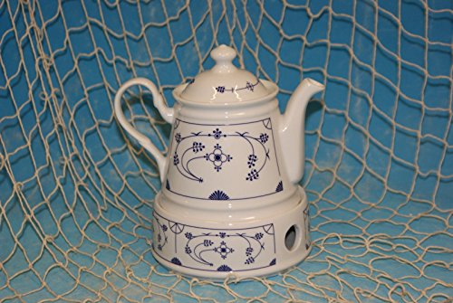 Wilhahn (früher Ocean Line )Set Teekanne mit Stövchen 0,4l Porzellan Indisch Blau / Strohblume