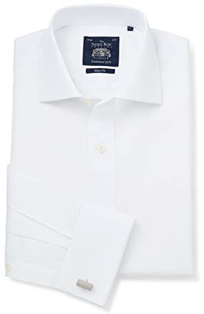 THE SAVILE ROW COMPANY LONDON Men's Slim Fit Cotton Poplin Long Sleeve Formal Shirt - Double Cuff - White - 15 Collar - Standard