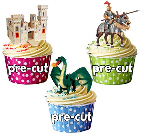 AK Giftshop PRECUT Castle Knight Dragon St George Mix - Edible Cupcake Toppers/Cake Decorations (Pack of 12)