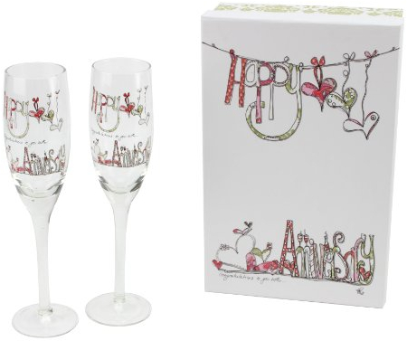 Tracey Russell Happy Anniversary Pair of Wedding Champagne Flutes Glasses in Gift Box