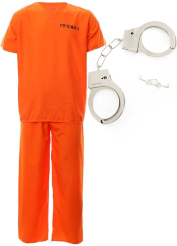 Adults Unisex Prisoners Costume with Cuffs - Orange Prisoner Top, Matching Orange Trousers, Prop Handcuffs – Cops & Robbers, Halloween Fancy Dress