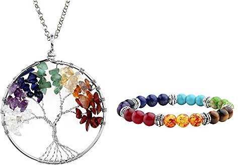 Jovivi Schmuck,Damen Herren Reiki-Energietherapie 7 Stein Chakra Armband + Baum des Lebens Anhänger Lebensbaum Halskette