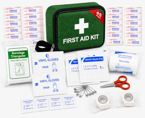 First Aid Travel Kit, Compact 45 Piece Holiday Travel Essentials, Camping, Car, University, Home, Emergency, Water Resistant Case, Lightweight, Space Saving