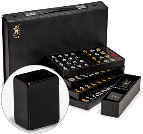 Yellow Mountain Imports Ensemble de Mahjong Riichi Japonais - Tuiles Noires de Taille Standard et Étui en Vinyle