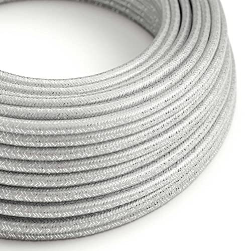 creative cables Cavo Elettrico Rotondo Rivestito in Tessuto Effetto Seta Tinta Unita Glitterato Argento RL02-5 Metri, 2x0.75