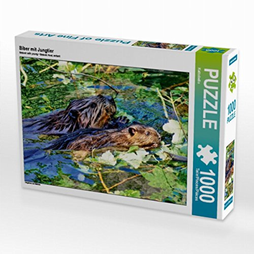 CALVENDO Puzzle Biber mit Jungtier | 1000 Teile Lege-Größe 64 x 48 cm Foto-Puzzle für glückliche Stunden