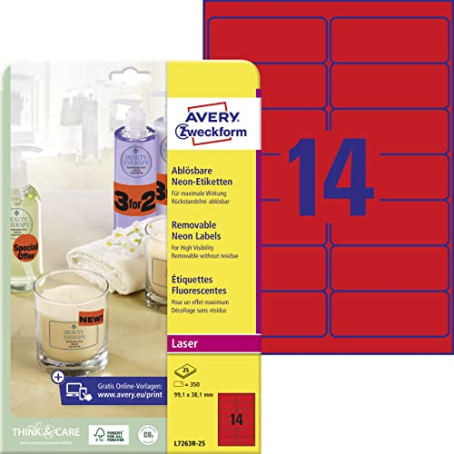 AVERY Zweckform L7263R-25 leuchtend neonrote Etiketten (350 Aufkleber, 99,1x38,1mm auf A4, selbstklebend, bedruckbar, wiederablösbar, farbige Klebeetiketten zum auffälligen Kennzeichnen) 25 Blatt