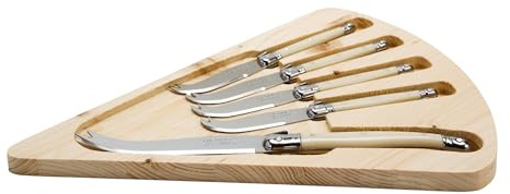 Jean Dubost Laguiole 5-Piece Cheese Knife Set with Board, Ivory Handles - Rust-Resistant Stainless Steel - Made in France