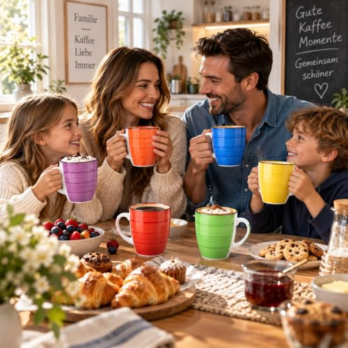 DRULINE Kaffeetassen Set 6-teilig 350 ml, bunte Porzellan Tassen Ø8,5 x H10 cm, Kaffeebecher mit Henkel, Teetassen, Becher Set für Kaffee, Tee, Kakao, Cappuccino & Latte Macchiato