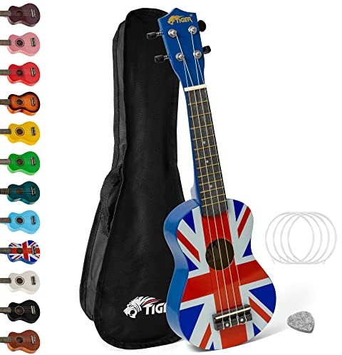 TIGER UKE10-UK Ukulele soprano per principianti. Include: Una borsa da concerto, un plettro in feltro, un kit corde di ricambio Aquila per il modello 2021 - Union Jack