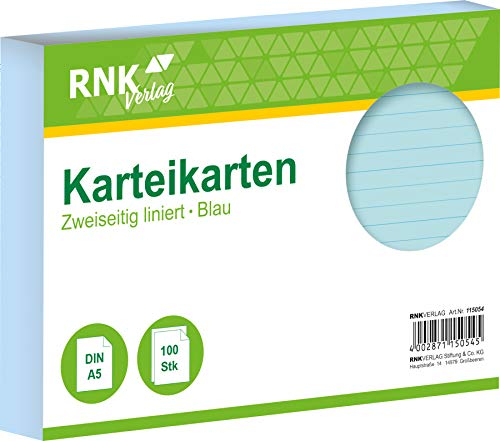 RNKVERLAG 115054 - Karteikarten liniert 7 mm, blau, DIN A5, 1 Packung à 100 Karten