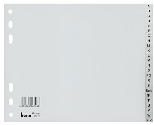 Bene Register A-Z, halbe Höhe, für: DIN A4, 22,5 x 18 cm (B x H), Universallochung, Polypropylen, 0,12 mm, grau