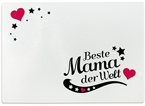 WANDKINGS Glasschneidebrett mit Schriftzug „Beste Mama der Welt“ - Glasschneideplatte, Schneidebrett aus Glas, Frühstücksbrettchen