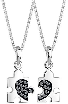Elli Halskette Damen Puzzlestück Anhänger Partnerkette mit schwarzen Kristallen in 925 Sterling Silber