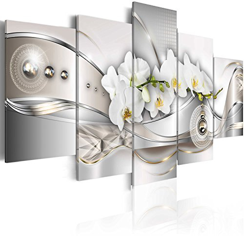 B&D XXL - Wandbilder XXL Abstrakt 100x50 cm 5 tlg - Leinwand Bilder Groß Wanddeko Wandbild Wohnzimmer Bild Schlafzimmer Kunstdrucke Bilderset - Blumen Orchidee Ornament Perlen Grau Silber b-A-0073-b-n