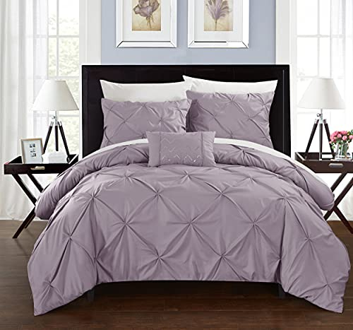 Chic Home Daya 3-teiliges Bettbezug-Set, gerüschtes Quetschfalten-Design, verzierter Reißverschluss, Bettwäsche mit dekorativen Kissenbezügen im Lieferumfang enthalten, Doppelbett, Lavendel,