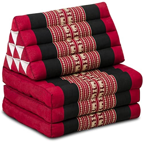 livasia Thaikissen mit 3 Auflagen - 175x50x8cm - Dreieckskissen mit Klappmatratze, Keilkissen Kapok, Rückenkissen faltbar, Thaimatte zum Klappen, handgefertigt, Meditationskissen (Rot/Elefanten)
