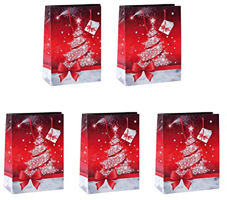 Sigel GT023/5 mittelgroße Papier-Geschenktüten 23 x 17 cm, 5er Set, rot, Sparkling tree, Papier-Geschenktaschen Weihnachten