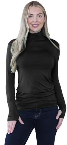 janisramone® Plain Long Sleeve Gym Tops Women with Thumb Hole and High Polo Neck, Plain Stretch Running Top Womens, Pull Over Soft Yoga Tops for Women UK Black