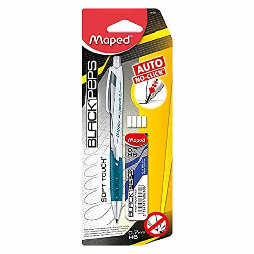 Maped - Porte-Mine HB 0,7mm + Étui-Mines + 4 Gommes - Crayon à Mine avec Embout Gomme et Sortie de Mine Automatique - Préhension Soft - Coloris Aléatoire Bleu, Rose, Vert