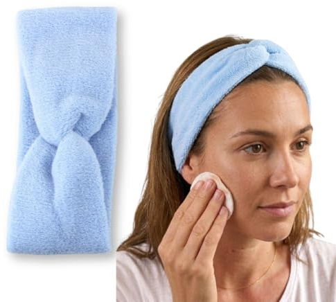 Righe e Pois Fascia per Capelli Donna In Spugna di Cotone Made in Italy Con Nodo Centrale (Azzurro) - Fascia Trucco Capelli Elasticizzata Per Skincare
