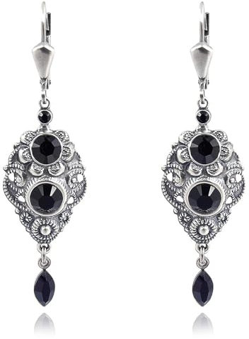 NOBEL SCHMUCK Jugendstil Ohrringe Schwarz Kristalle Silber Jet Damen Ohrhänger