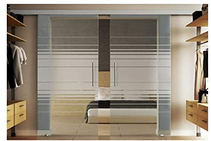 Glastür zum schieben mit 2 Scheiben in jeweils 102,5x205 cm in ESG-Milchglas mit Lamellen-Dessin (L) Levidor-System komplett. Laufschiene und Muschelgriffen, Schiebetür aus Glas für Innenbereich