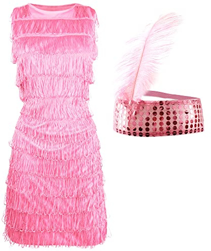 Pink Flapper Dress - Small - Childs Flapper Fancy Dress Costume with Fringing - Matching Sequin Headband and Feather - 1920s Charleston Dress