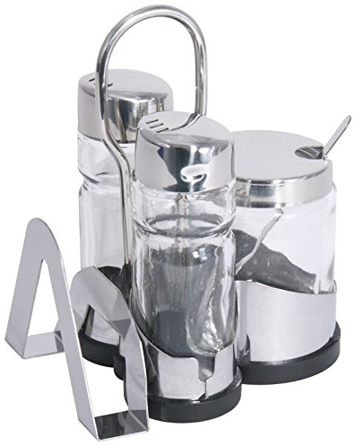 Menage, 3-teilig, mit Karten-/Serviettenhalter, für Senf, Salz & Pfeffer, mit Gestell aus Edelstahl 18/0, aus Pressglas und mit Edelstahl-18/10-Kappen / 8 x 10 x 12,5 cm | ERK