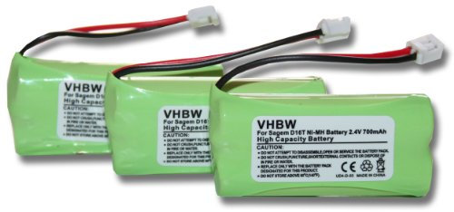 Lot 3 Batteries ni-MH vhbw 700mAh (2.4V) pour combiné téléphonique Sagem D16T, D16T Duo, D16T Duo 2, D18T, D21T, D21V. Remplace: 2SN-AAA55H-S-JP1.