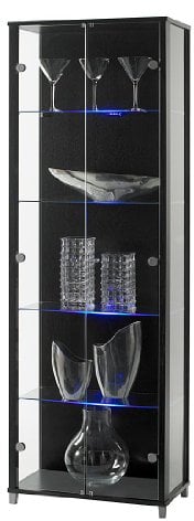 Vitrine / Sammlervitrine in schwarz Dekor mit 4 Einlegeböden und LED Clips
