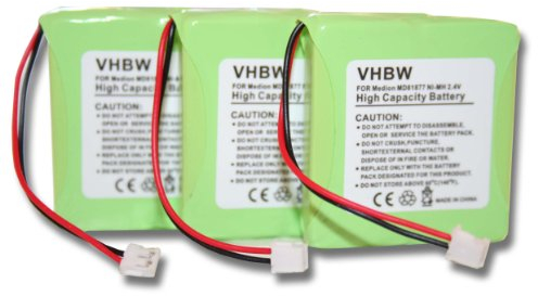 vhbw 3X Akku kompatibel mit Medion MD81877, MD82877, MD82772, MD82711 schnurlos Festnetz Telefon (600 mAh, 2,4 V, NiMH)