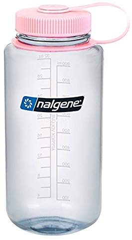 Nalgene Weithals-Flasche, 1 Liter, transparent mit rosa Kappe.