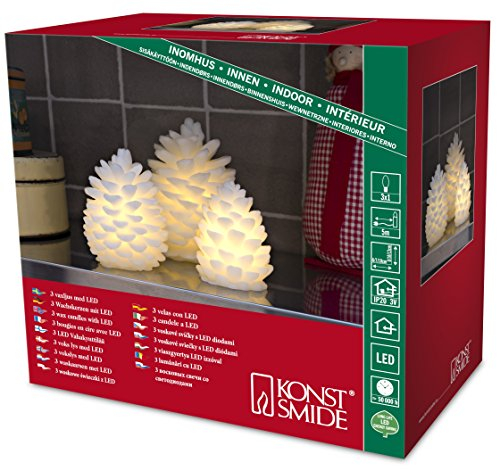 Konstsmide LED Echtwachskieferzapfen 3er-Set, weiß, 8-13 cm, 3 warm weiß flackernde Dioden, 3V Innentrafo, transparentes Kabel - 1969-100