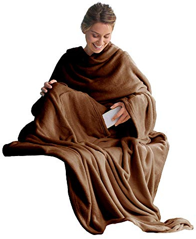 CelinaTex TV-Decke mit Ärmeln und Fußtasche Flauschige Kuscheldecke XL 170 x 200 cm braun Mikrofaser Fleece Soft Oeko-TEX