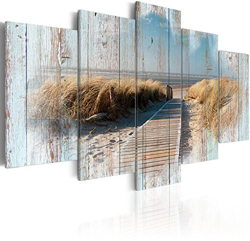 B&D XXL - Wandbilder XXL Strand Meer 100x50cm 5 tlg - Wand Deko Leinwand Bilder Groß Wanddeko Wohnzimmer Schlafzimmer Kunstdrucke - Holzoptik Landschaft Natur Brücke c-C-0029-b-n