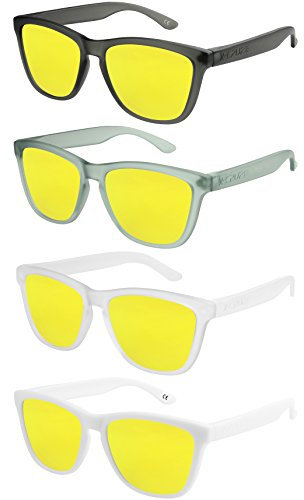 X-CRUZE 4er Pack Nerd Sonnenbrillen polarisierend Vintage Retro Style Stil Unisex Herren Damen Männer Frauen Brille - gelb verspiegelt - Set W -