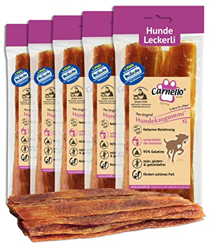 Carnello Hundeleckerli - Hundekaugummi XL - Fettarme Hundeleckerlis für senioren Hunde, Hunde Snack, Kausnacks ideal für große Hunde, wiederverschließbares 5er Pack (5 x 90g)