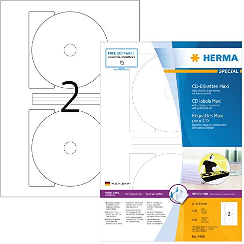 HERMA 4460 CD DVD Etiketten inkl. Zentrierhilfe blickdicht, 1400 Blatt, Ø 116 mm MAXI, 2 pro A4 Bogen, 2800 Stück, selbstklebend, bedruckbar, matt, blanko Papier Klebeetiketten Aufkleber, weiß