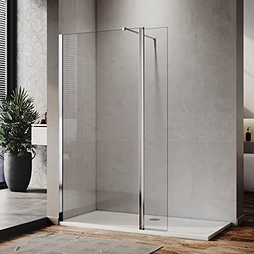 ELEGANT 1100mm Frameless Wet Room Shower Screen Panel 8mm Easy Clean Glass Walk in Shower Enclosure with 300mm Return Panel and Support Bar